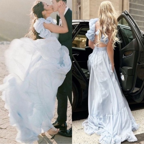 Mac Duggal Ruffle Tiered Cut Out Baby Blue Chiffon Gown Dress Size 10 - Picture 6 of 13